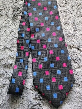 Echo 100% Black Tie with Pink & Blue Square Accents